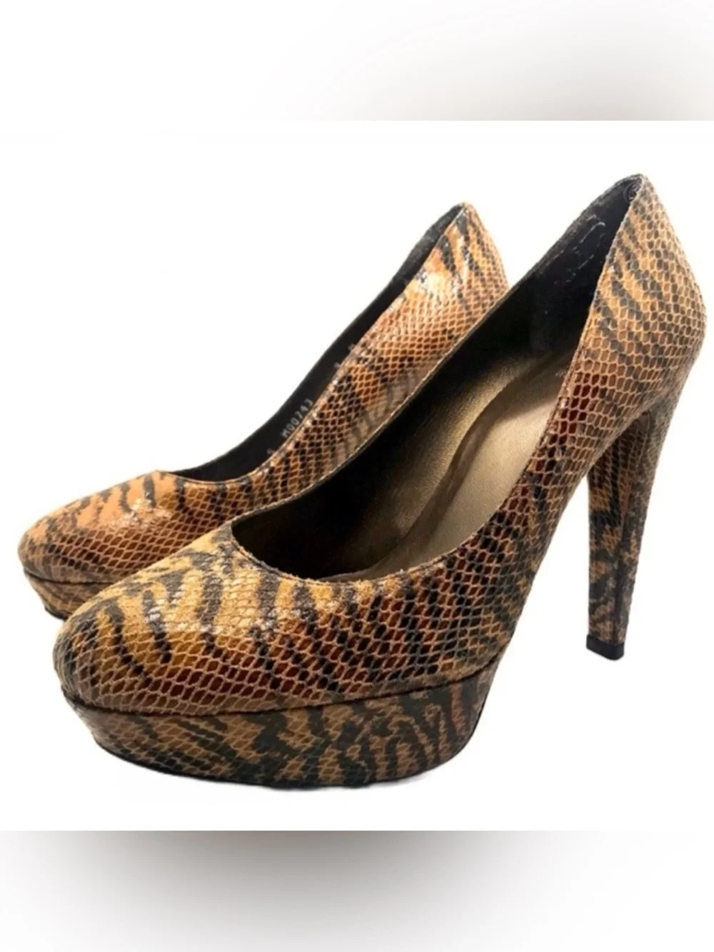 STUART WEITZMAN BROWN & BLACK LEATHER ANIMAL PRINT SNAKESKIN EMBOSSED HEELS (9)